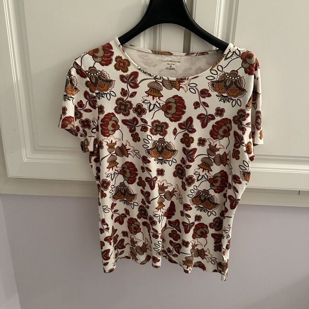 Croft & Barrow Boat Neck Brown Floral Top Size M Women's Casual Shirt Blouse
